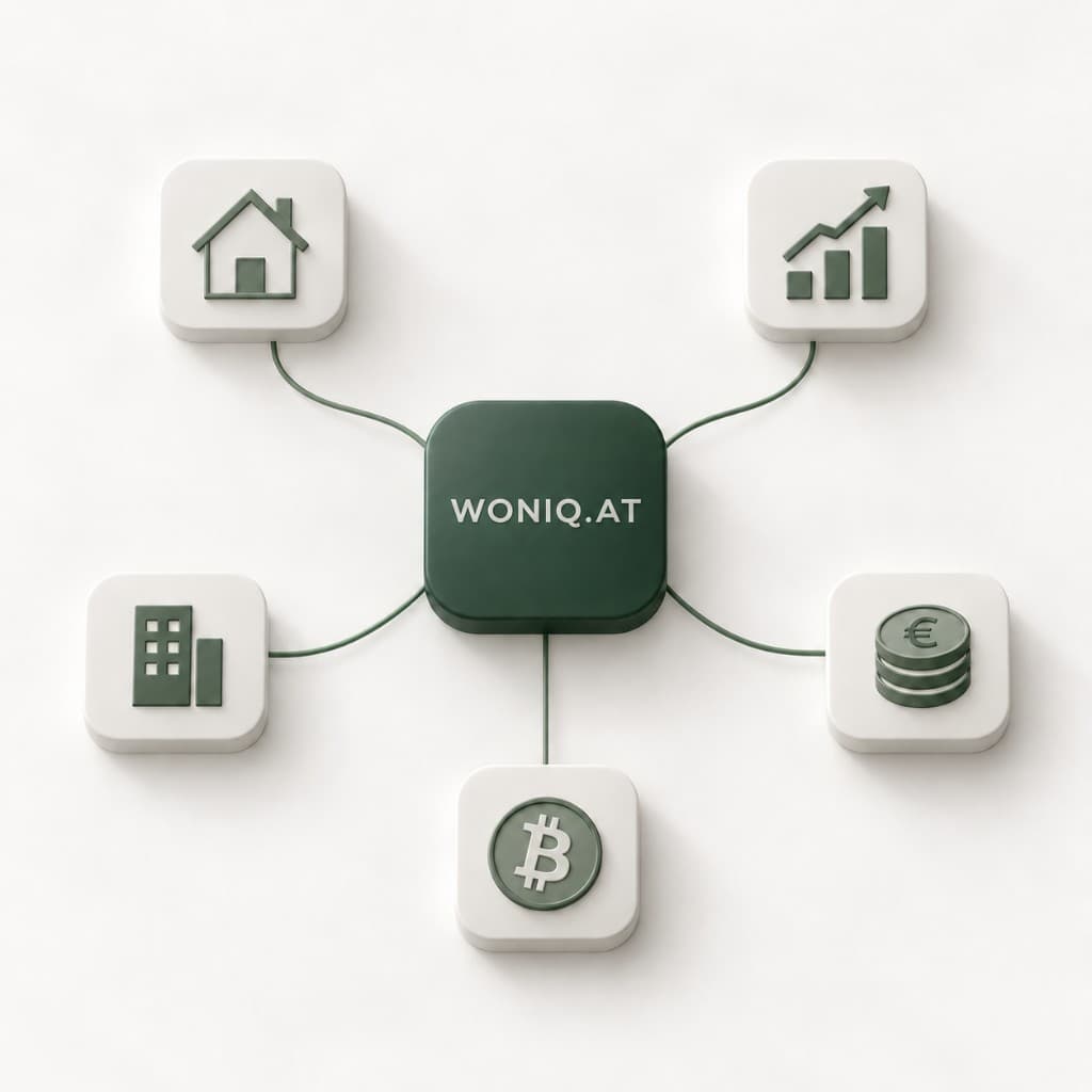 WONIQ.AT im Zentrum, verbunden mit Immobilie, Investment, Unternehmensbeteiligung, Euro und Bitcoin.
