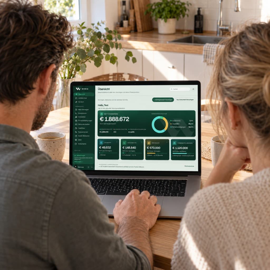 Zwei Personen sitzen an einem Tisch und betrachten das WONIQ-Dashboard auf einem Laptop.
